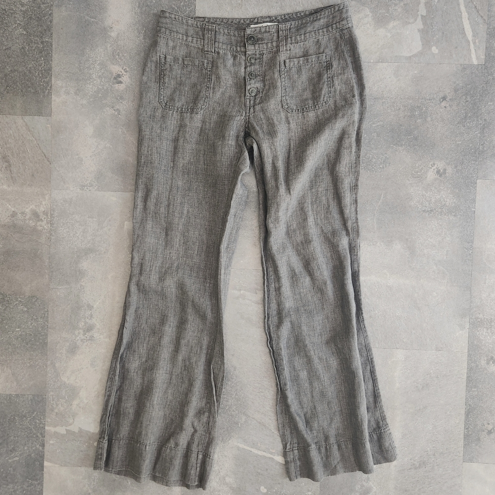 Cabi 100% Linen Flare Leg Midrise Gray Pants Button Fly Size 8
